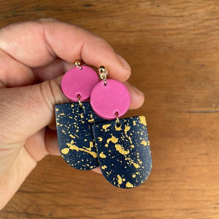Two-Tone Pink & Petrol Hand Painted Leather Statement Earrings