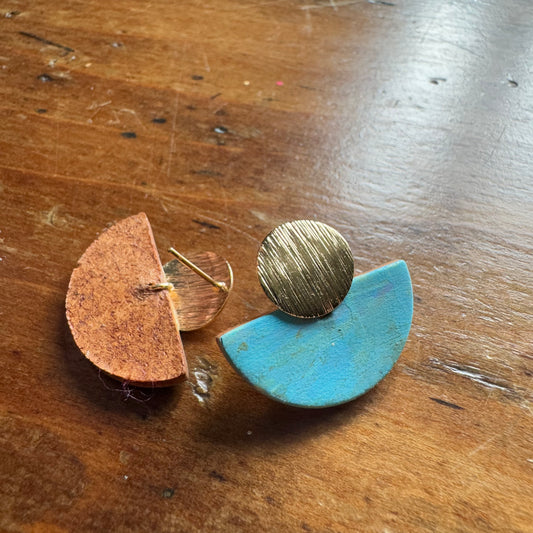 Hand Painted Luna Dot Leather Earrings - Aqua with Gold