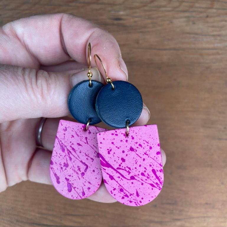 Two-Tone Pink & Petrol Hand Painted Leather Statement Earrings