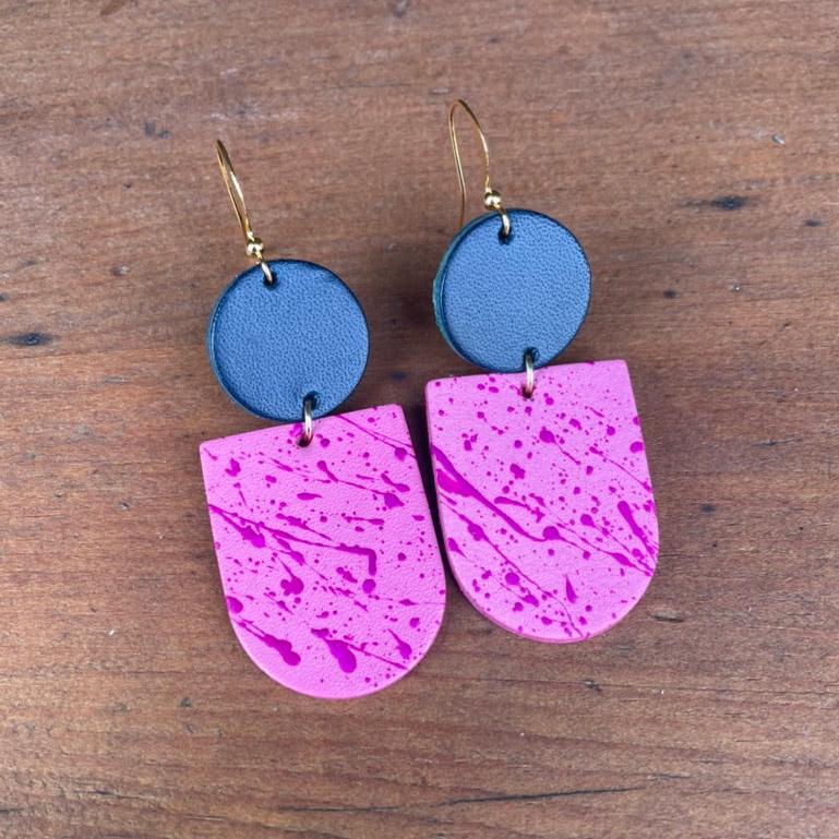 Two-Tone Petrol Pink Hand Painted Leather Statement Earrings