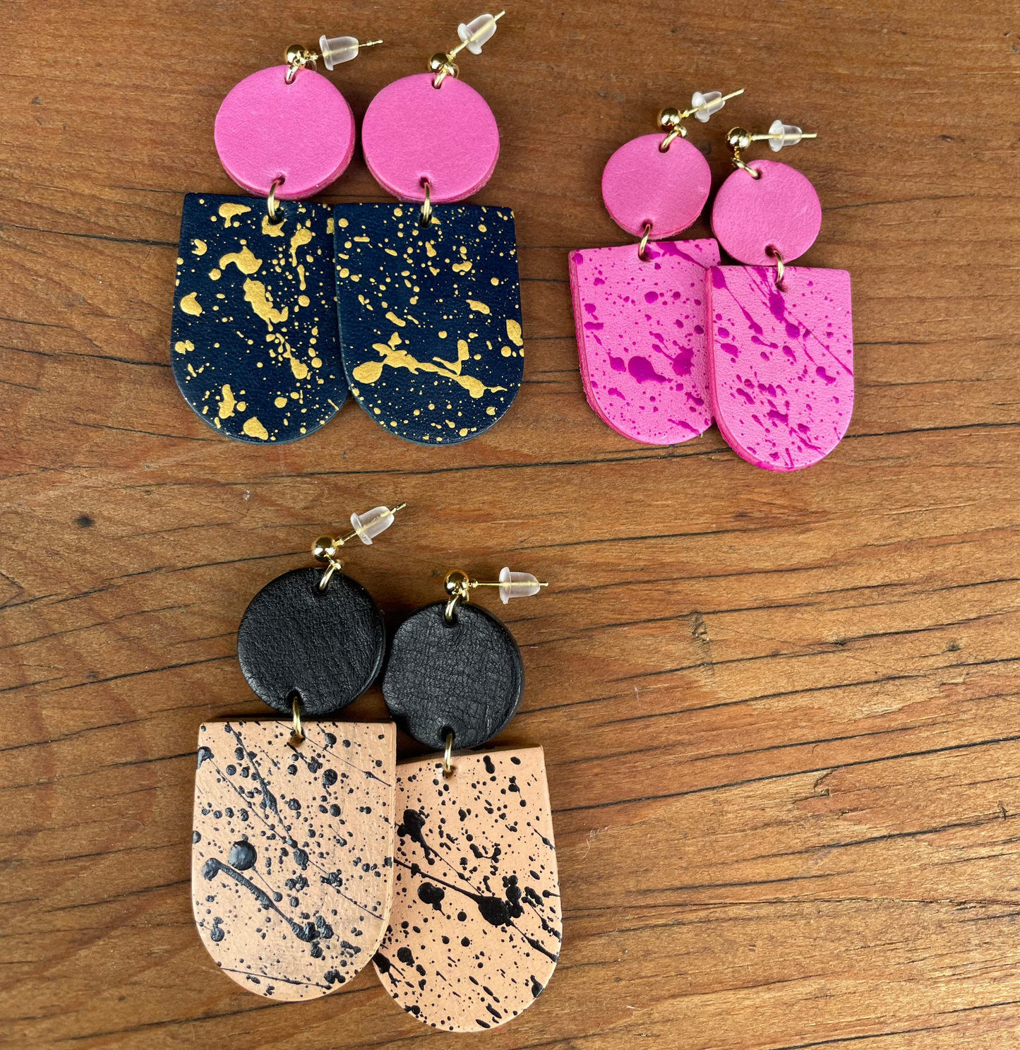 Two-Tone Pink & Petrol Hand Painted Leather Statement Earrings