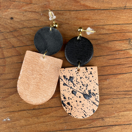 Two-Tone Black & Natural Hand Painted Leather Statement Earrings