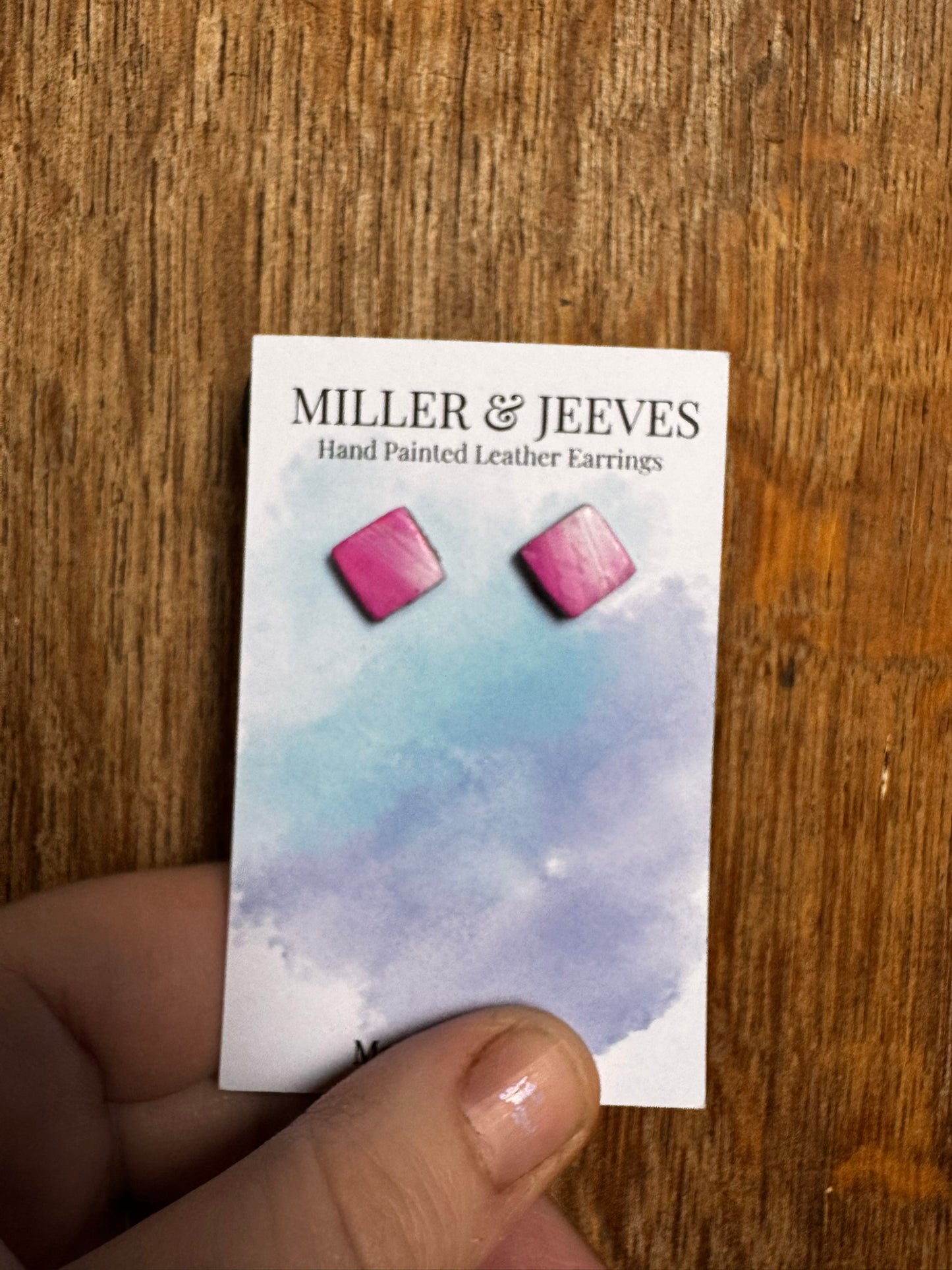 Sale - Painted Leather Square - Stud Earrings -pinks