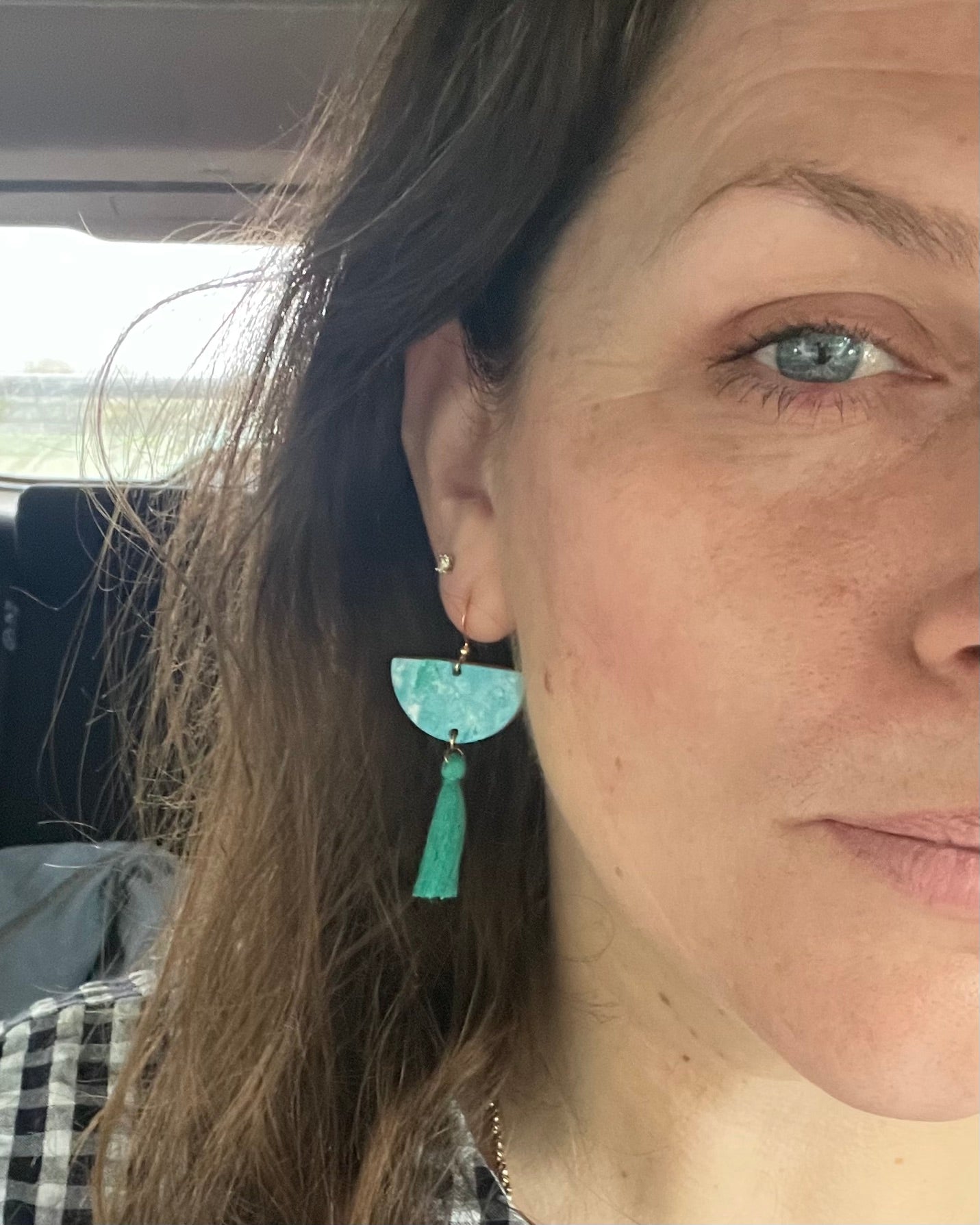 Neon Yellow and Silver Half Moon Hand Painted Leather Earrings with Tassel