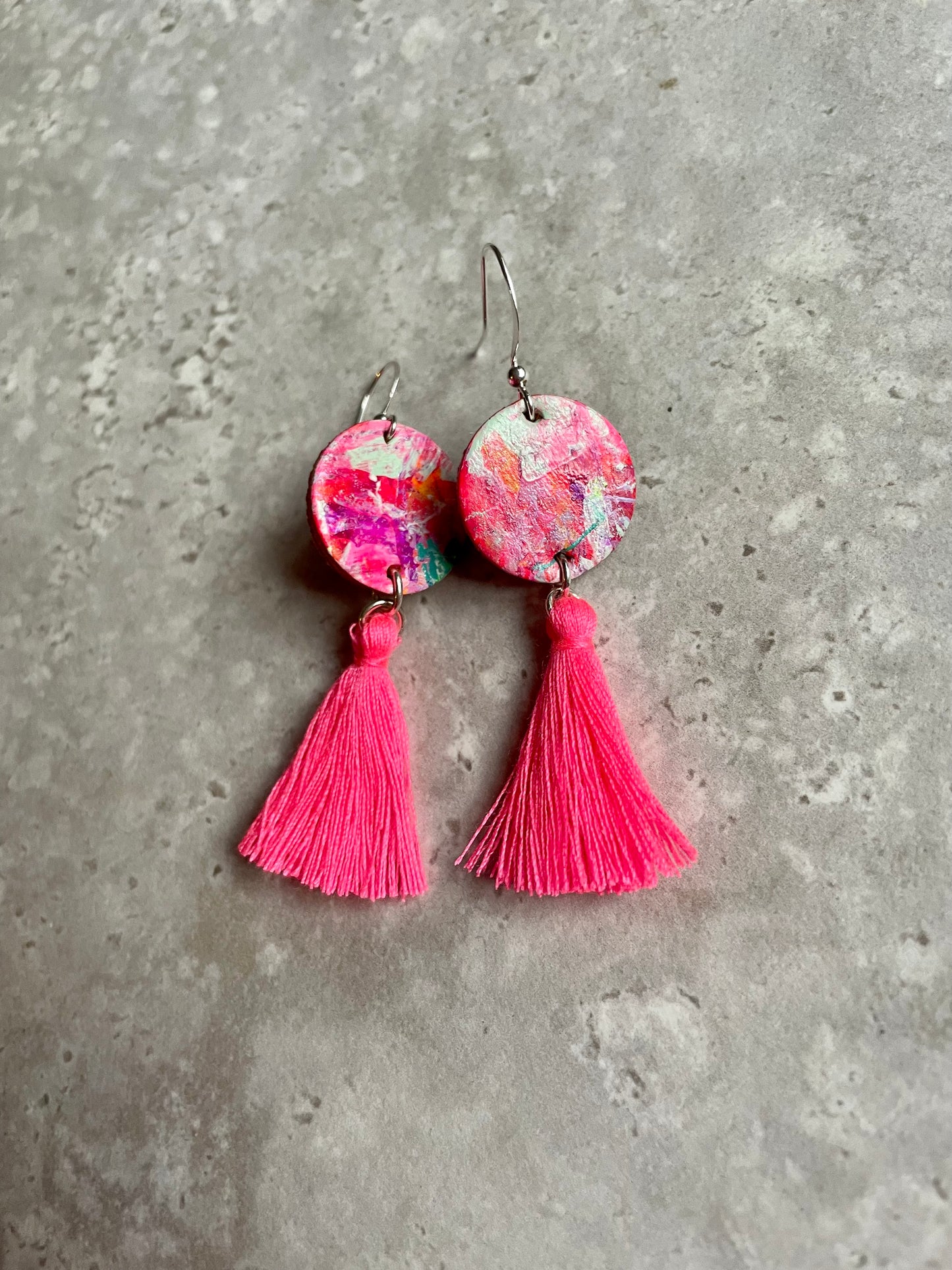 Hand Painted Leather Earrings with Pink Tassel