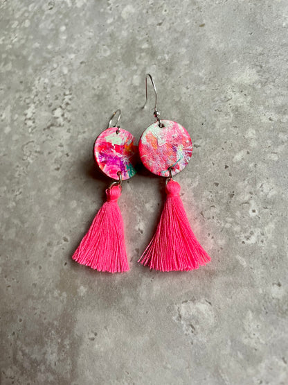 Hand Painted Leather Earrings with Pink Tassel
