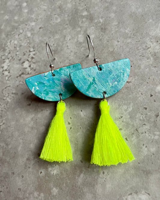 "Sea Breeze" Half Moon Hand Painted Leather Earrings with Neon Yellow Tassel