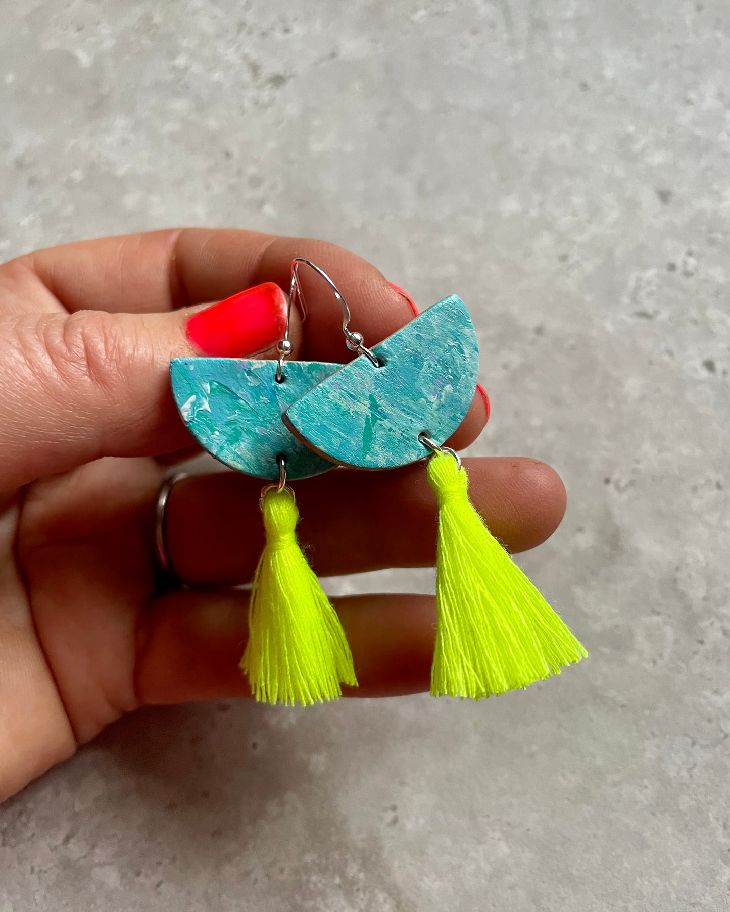 "Sea Breeze" Half Moon Hand Painted Leather Earrings with Neon Yellow Tassel
