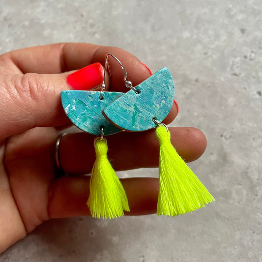 Neon Yellow and Silver Half Moon Hand Painted Leather Earrings with Tassel