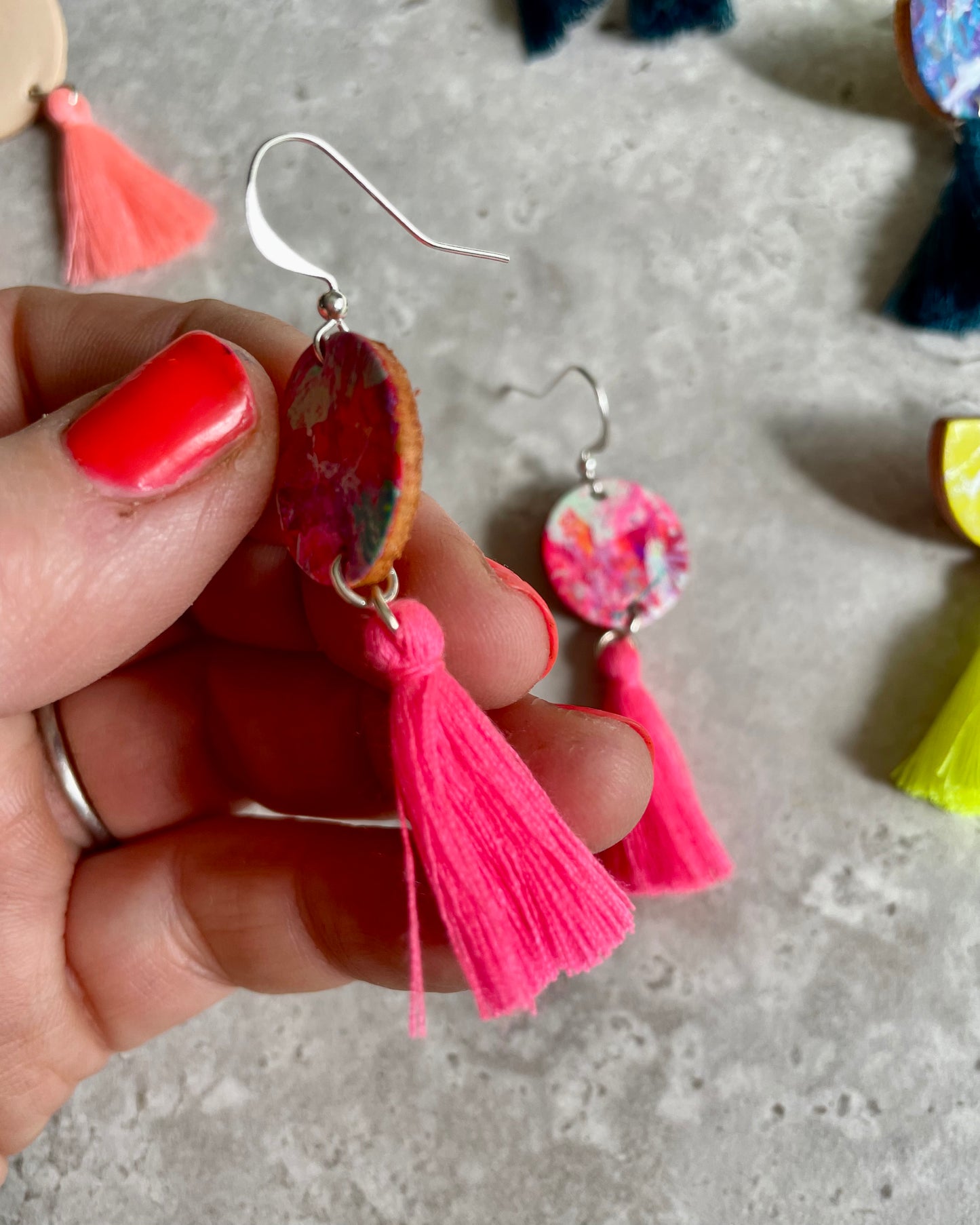 Hand Painted Leather Earrings with Pink Tassel