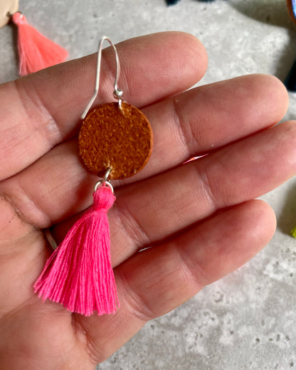 Hand Painted Leather Earrings with Pink Tassel