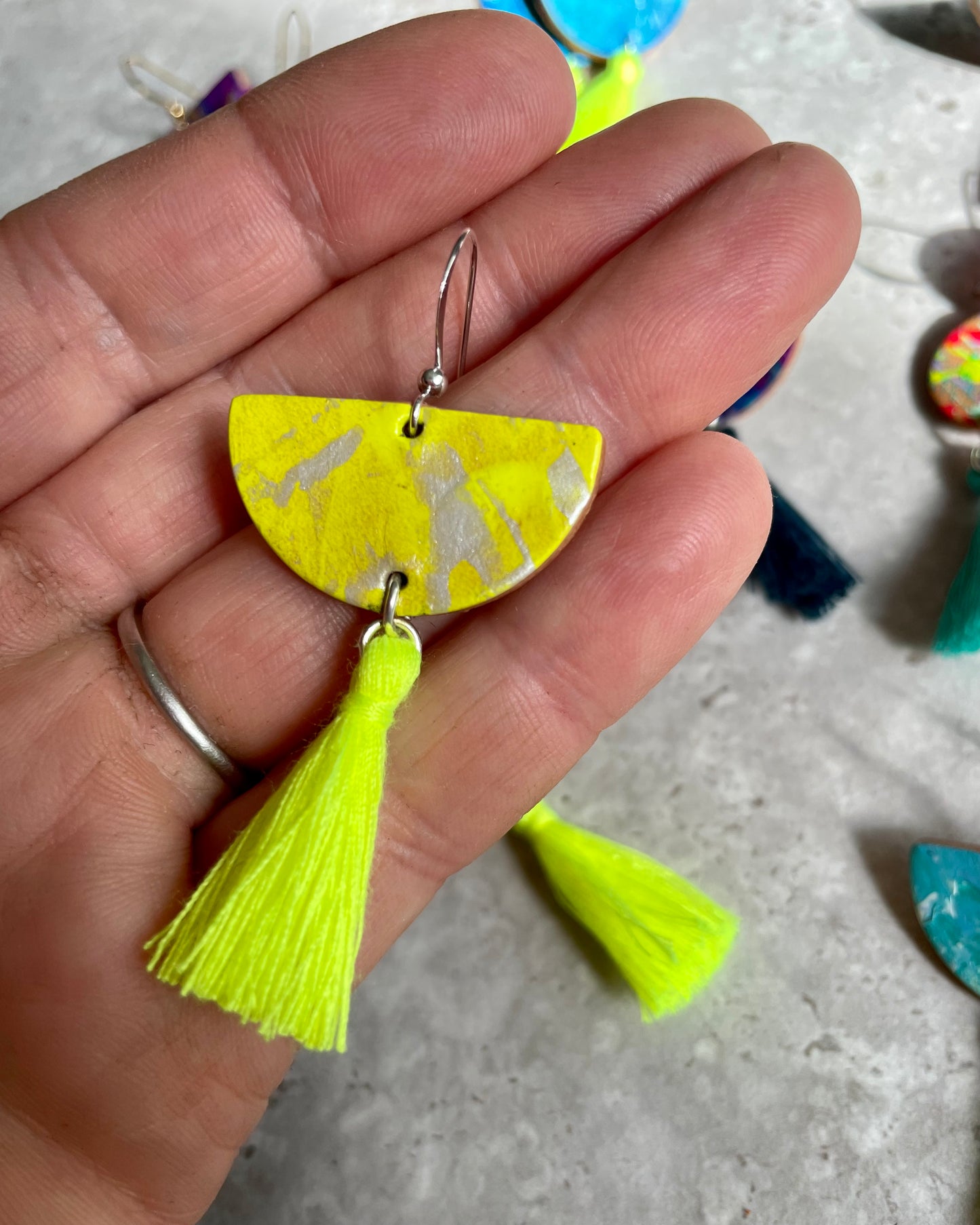 Neon Yellow and Silver Half Moon Hand Painted Leather Earrings with Tassel