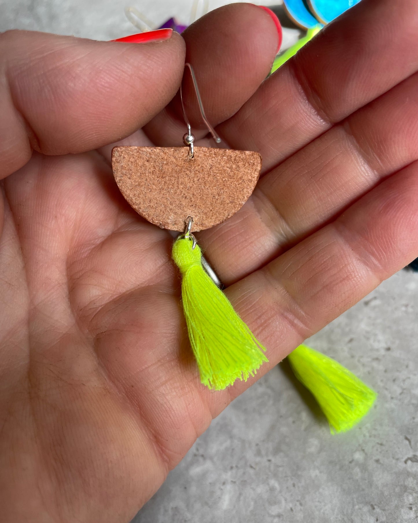 Neon Yellow and Silver Half Moon Hand Painted Leather Earrings with Tassel