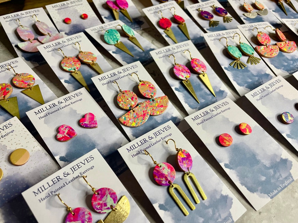Hand Painted Aqua Earrings with Brass Triangle Charm