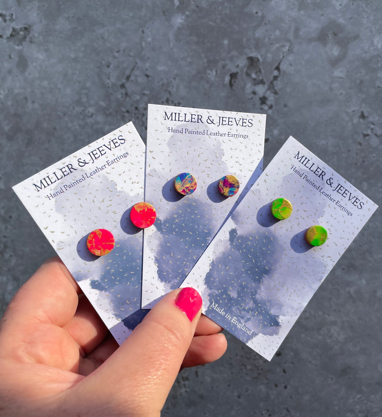 Hand-painted Leather Earrings with Stud Fastening - Neon Yellow/Silver