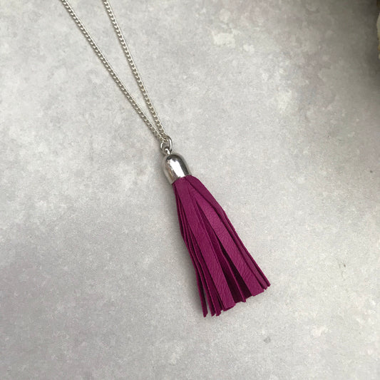 Tassel Necklace - fuchsia leather