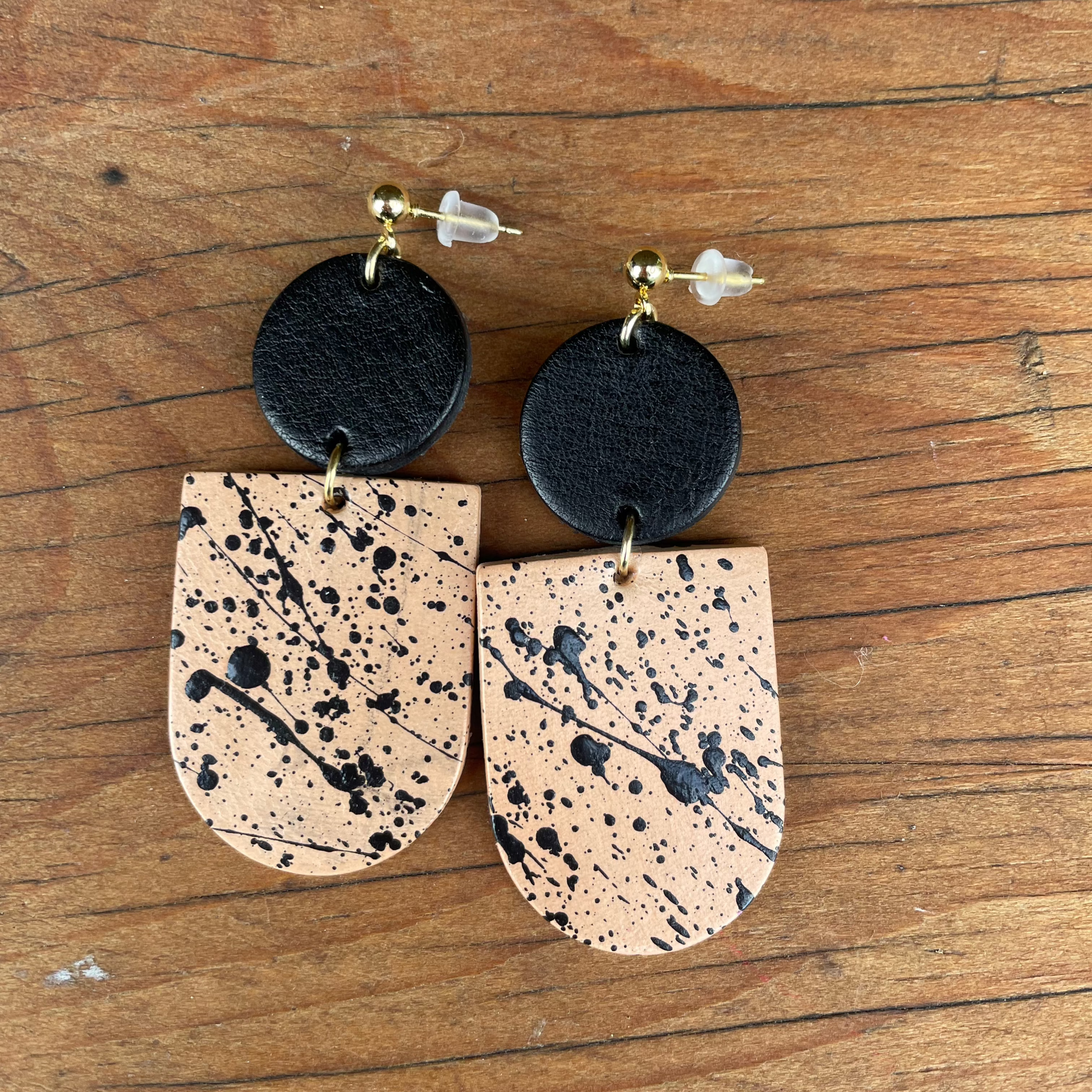 Two-Tone Black Natural Hand Painted Leather Statement Earrings Gold plated hooks