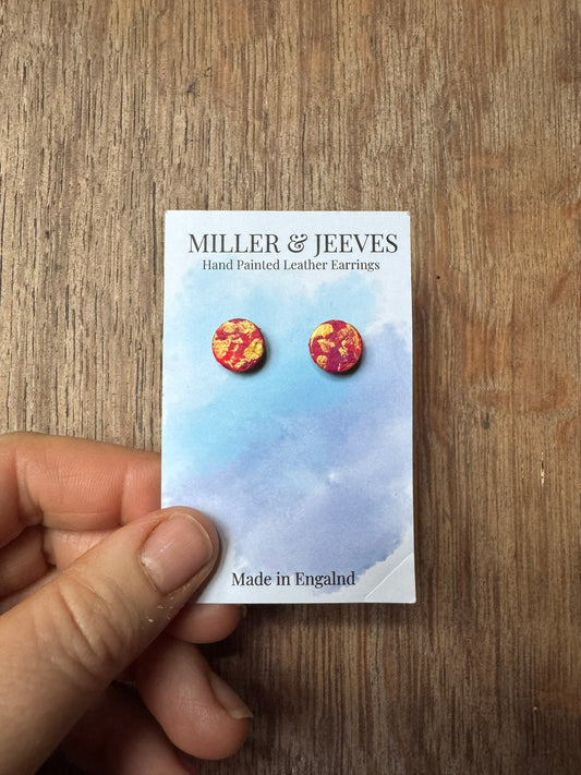 Sale - Painted Leather - Stud Earrings - dark pink/coral/gold