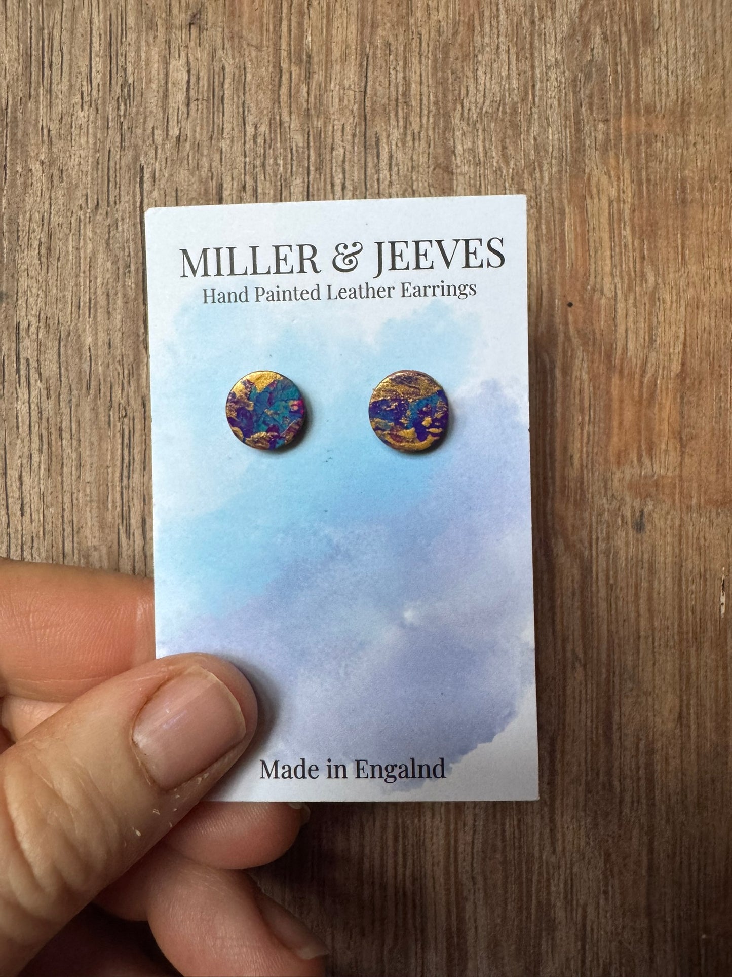 Sale - Painted Leather - Stud Earrings - gold/blue/deep pink/purple