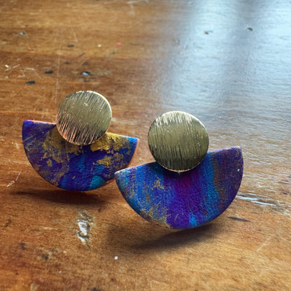 Hand Painted Luna Leather Earrings - Aqua with Gold