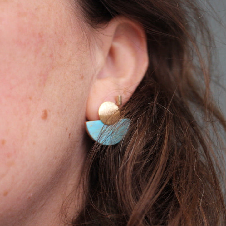 Hand Painted Luna Leather Earrings - Aqua with Gold