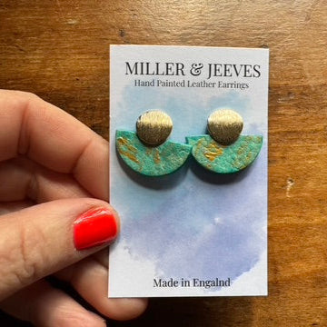 Hand Painted Luna Leather Earrings - Aqua with Gold
