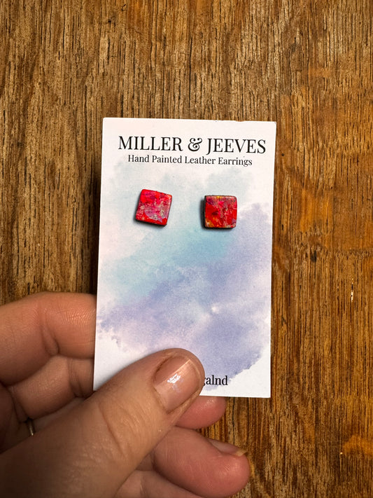 Sale - Painted Leather Square - Stud Earrings -reddy-pink/lilac