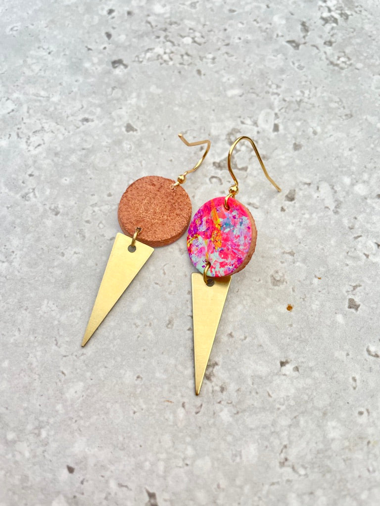 Hand Painted Neon Pink, Purple, Mint and Yellow Leather Earrings with Brass Triangle