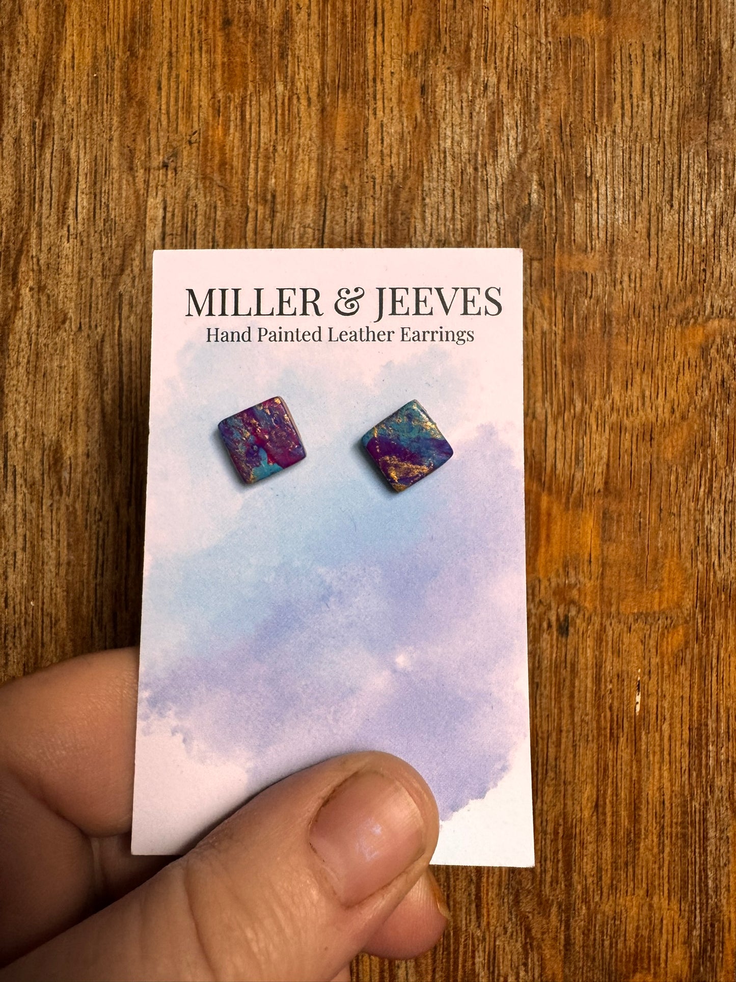 Sale - Painted Leather Square - Stud Earrings - purple/blue/gold