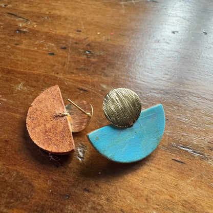 Hand Painted Luna Leather Earrings - Aqua with Gold