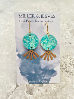 Hand Painted Aqua Earrings with Brass Sun Beam Charm