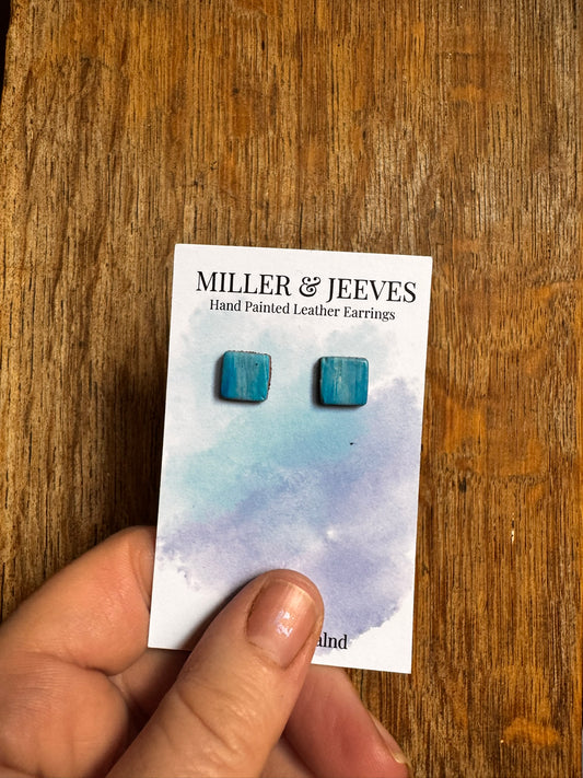 Sale - Painted Leather Square - Stud Earrings - Blue