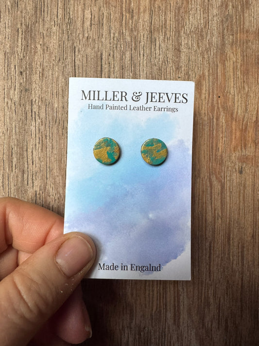 Sale - Painted Leather - Stud Earrings -aqua/gold