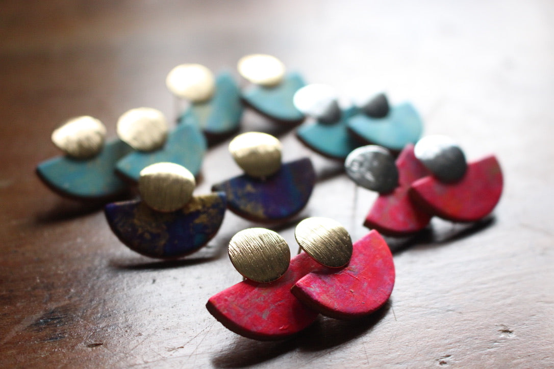 Hand Painted Luna Leather Earrings - Aqua with Gold