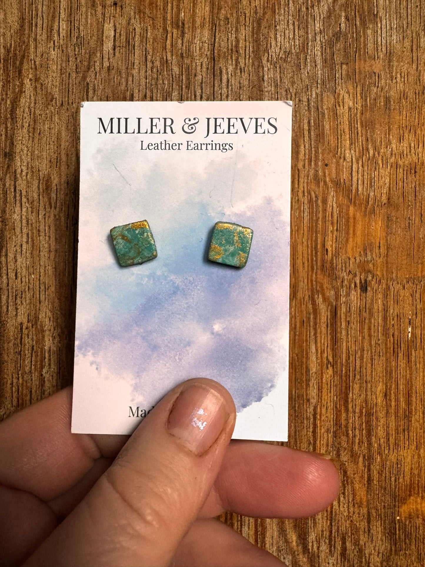 Sale - Painted Leather Square - Stud Earrings -aqua/gold