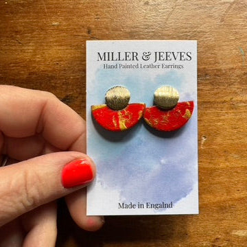 Hand Painted Luna Leather Earrings - Red with Gold