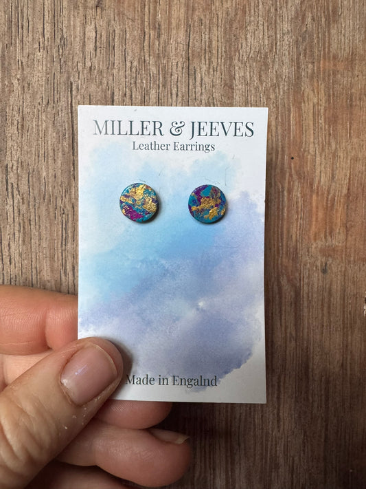 Sale - Painted Leather - Stud Earrings -blue/deep pink/purple/gold