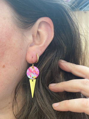 Hand Painted Neon Pink, Purple, Mint and Yellow Leather Earrings with Brass Triangle