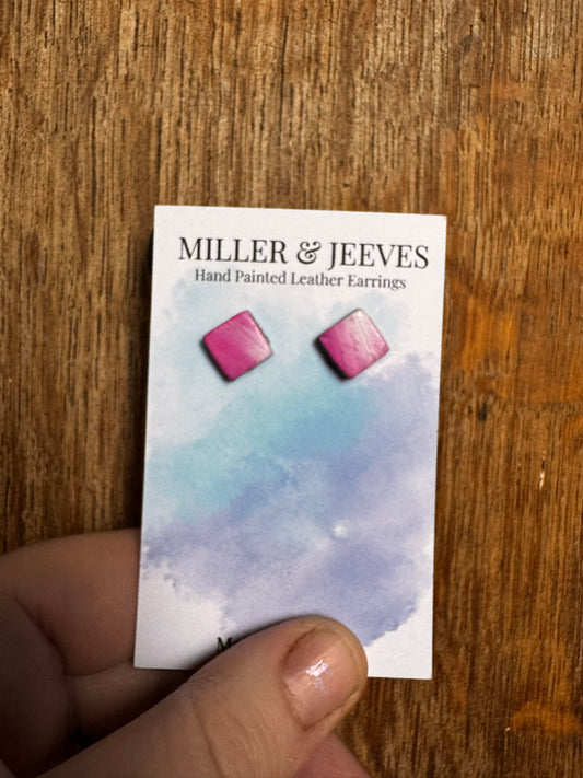 Sale - Painted Leather Square - Stud Earrings -pinks