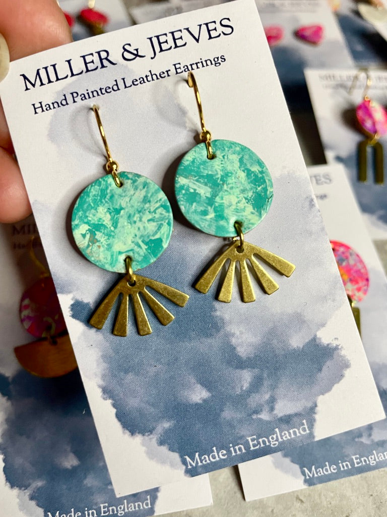 Hand Painted Aqua Earrings with Brass Sun Beam Charm