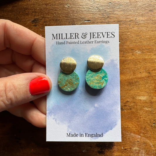 Hand Painted Luna Dot Leather Earrings - Aqua with Gold