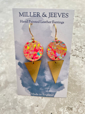 Hand Painted Neon Splatter Leather Earrings with Brass Triangle