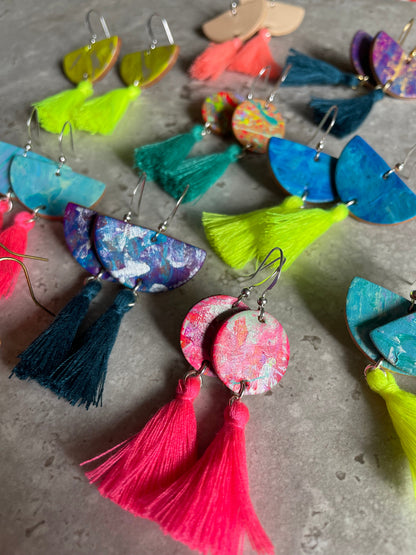 Hand Painted Leather Earrings with Pink Tassel