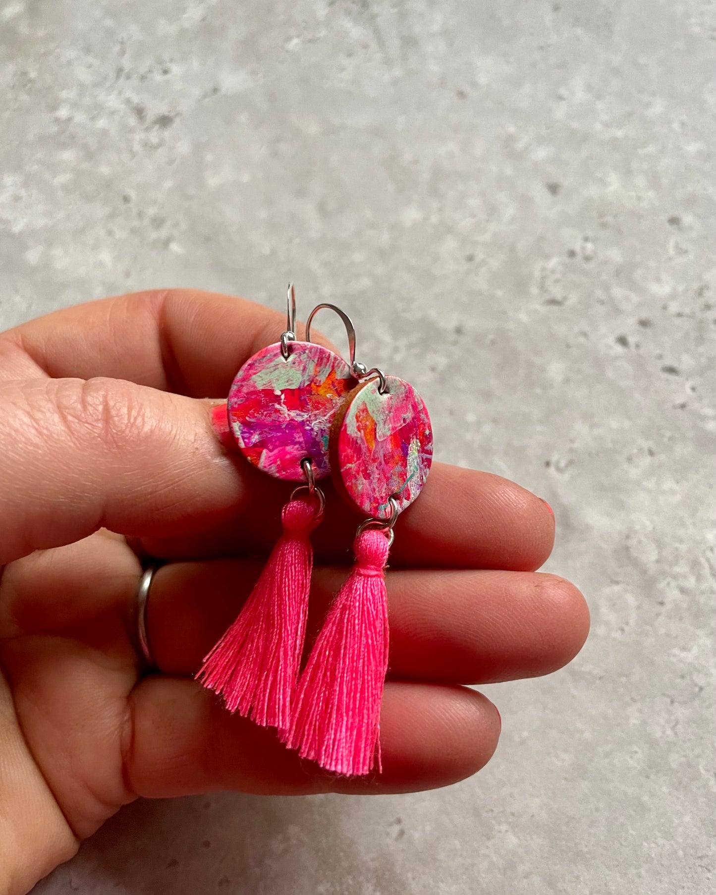 Hand Painted Leather Earrings with Pink Tassel