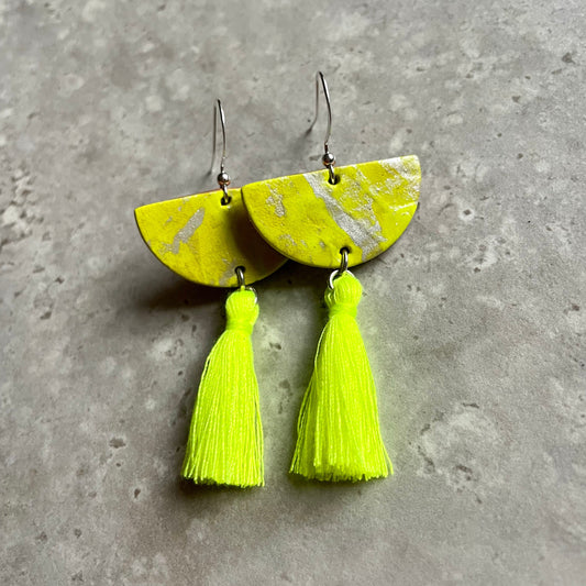Neon Yellow and Silver Half Moon Hand Painted Leather Earrings with Tassel