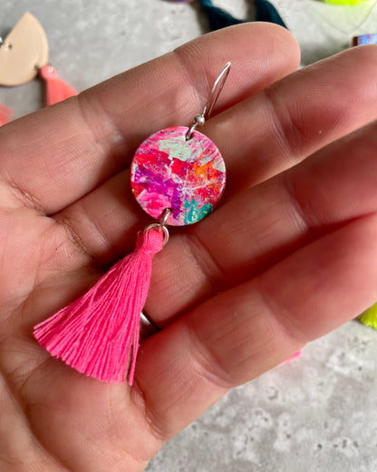 Hand Painted Leather Earrings with Pink Tassel