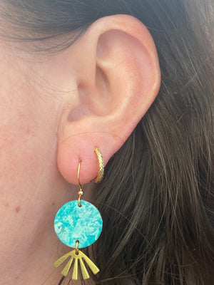 Hand Painted Aqua Earrings with Brass Sun Beam Charm