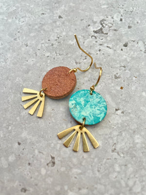 Hand Painted Aqua Earrings with Brass Sun Beam Charm