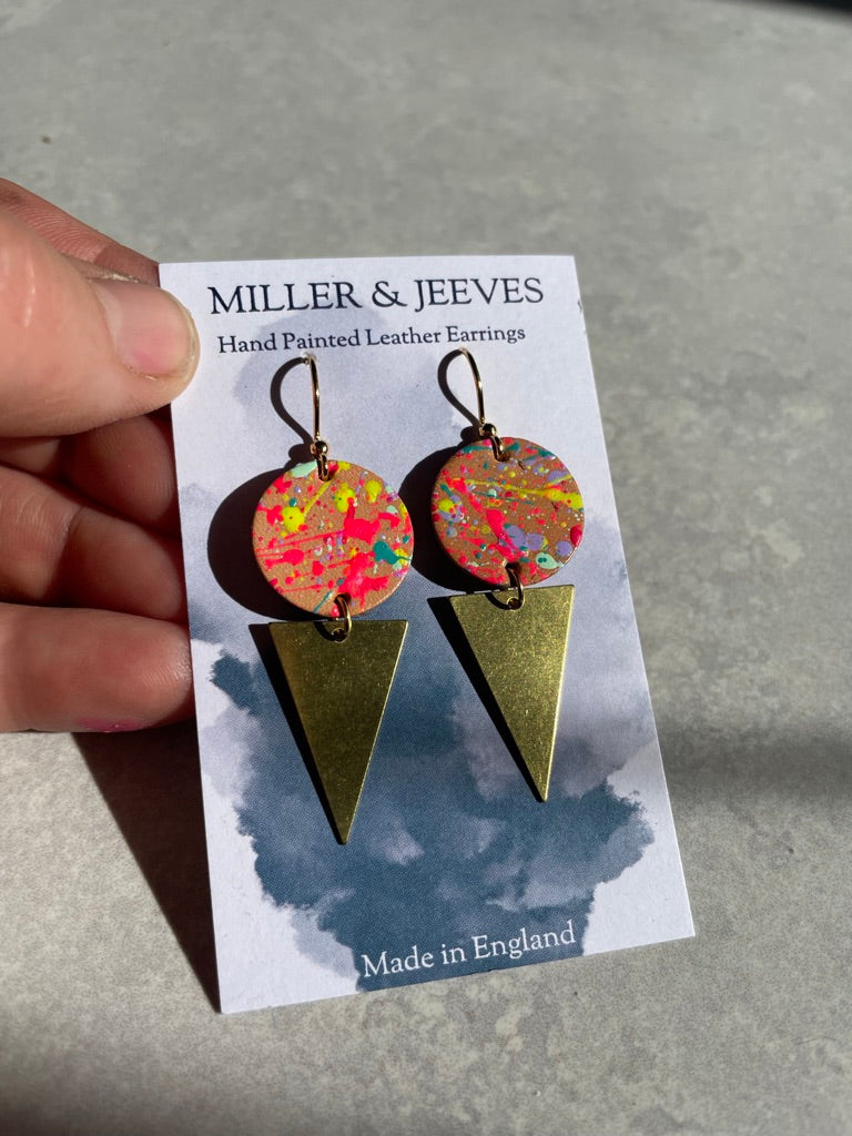 Hand Painted Neon Splatter Leather Earrings with Brass Triangle