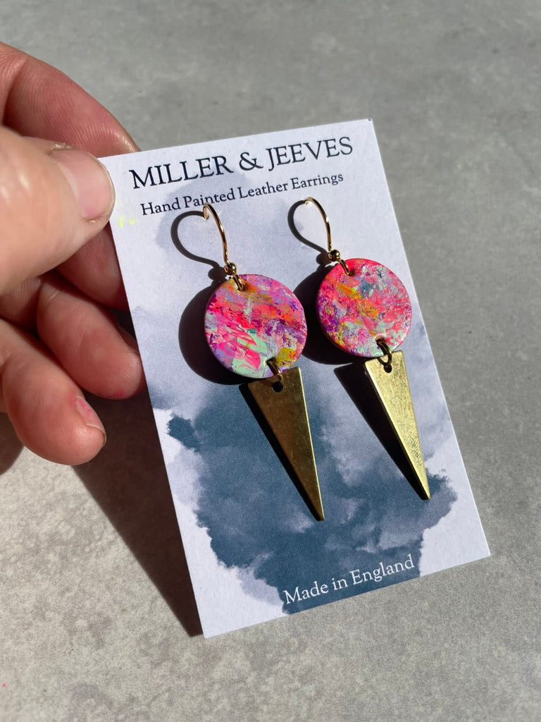Hand Painted Neon Pink, Purple, Mint and Yellow Leather Earrings with Brass Triangle